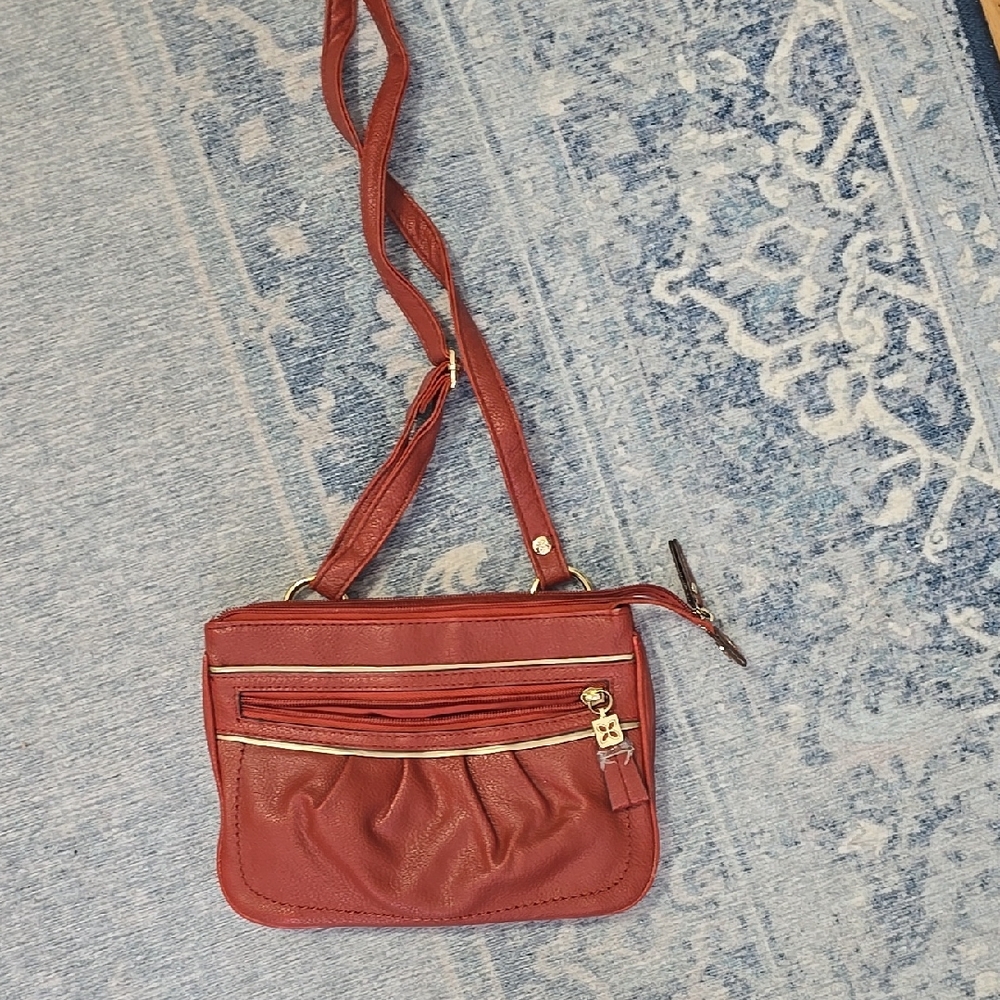 Cognac Leather Crossbody Bag with Pleated Design and Gold Hardware
